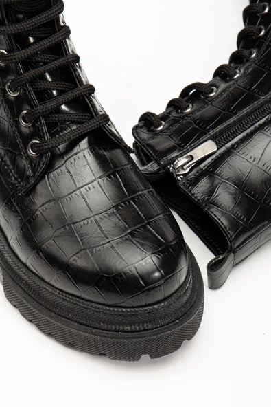 812-356 Siyah Kroko Bağcıklı Fermuarlı Günlük Kadın Bot - Resim 4