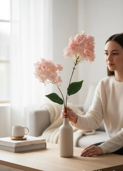 Yapay Çiçek Ortanca 90cm 2Toplu Pembe Tek Dal Kumaş Çiçek Uzun Dal - Resim 7