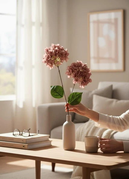 Yapay Çiçek Ortanca 90cm 2Toplu Gülkurusu Koyu Tek Dal Kumaş Çiçek Uzun Dal - Resim 8