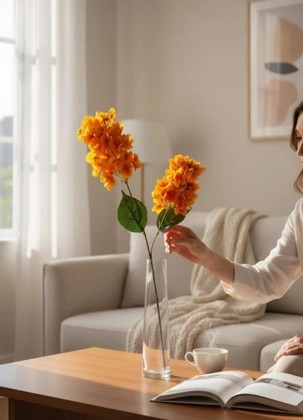 Yapay Çiçek Ortanca 90cm 2Toplu Somon Tek Dal Kumaş Çiçek Uzun Dal - Resim 8