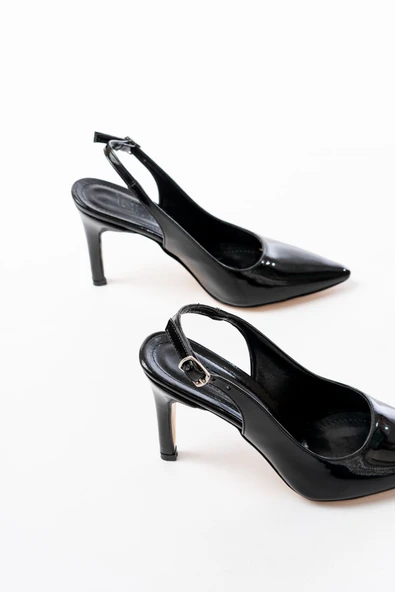 ST-1153 Siyah Rugan Günlük Arkası Açık 9 cm Topuklu Kadın Ayakkabı - Resim 3