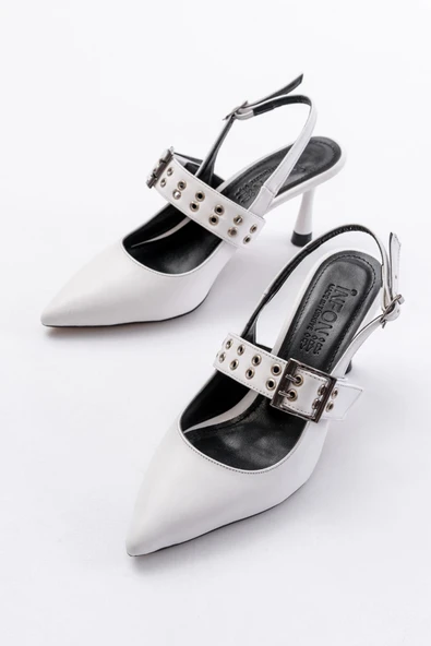 İNF-260 Beyaz Günlük Arkası Açık Baret Tokalı Topuklu Bayan Ayakkabı - Resim 3