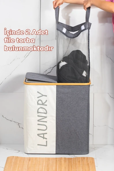 Porsima Mio-103 Bambu 2 Bölmeli Banyo Kirli Çamaşır Sepeti Banyo Düzenleyici Sepet 59X53,5 cm - 3