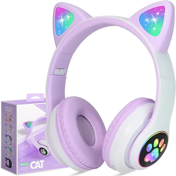 Karler STN-28 Mikrofonlu LED Işıklı Kulak Üstü Kedi Bluetooth Kulaklık (Mor) - 2