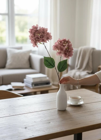 Yapay Çiçek Ortanca 90cm 2Toplu Gülkurusu Koyu Tek Dal Kumaş Çiçek Uzun Dal - Resim 7