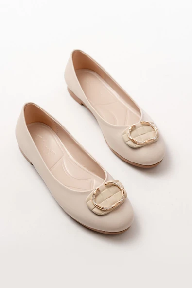 İNF-325 Bej Tokalı Aksesuarlı Günlük Kadın Babet - Resim 3