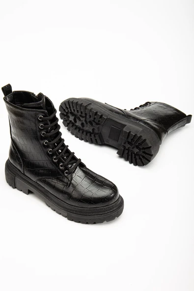 812-356 Siyah Kroko Bağcıklı Fermuarlı Günlük Kadın Bot ürün görseli