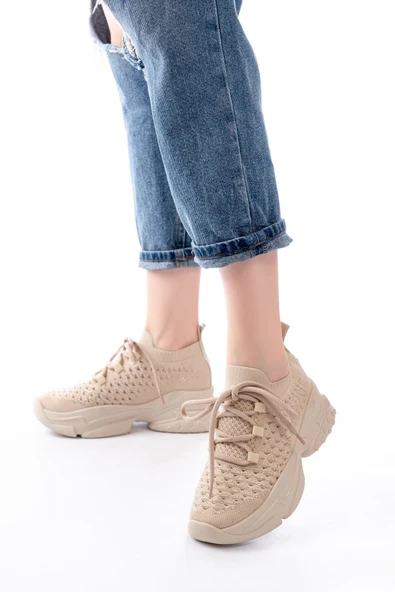 SP-2024 Bej Günlük Bağcıklı Fileli Taş Aksesuarlı Kadın Spor Ayakkabı - Resim 2