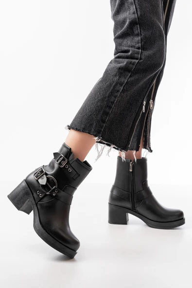 5109-3028 Siyah Toka Aksesuarlı Fermuarlı Topuklu Günlük Kadın Bot - Resim 2