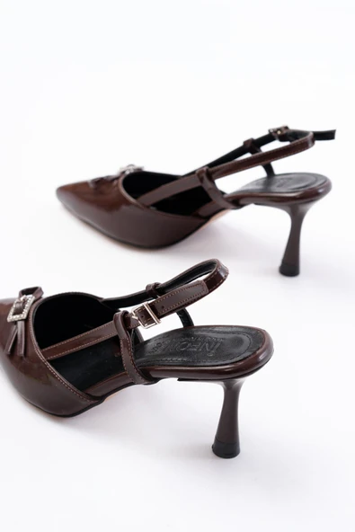 İNF-2300 Kahve Rugan Günlük Arkası Açık Fiyonklu Topuklu Bayan Ayakkabı - Resim 5