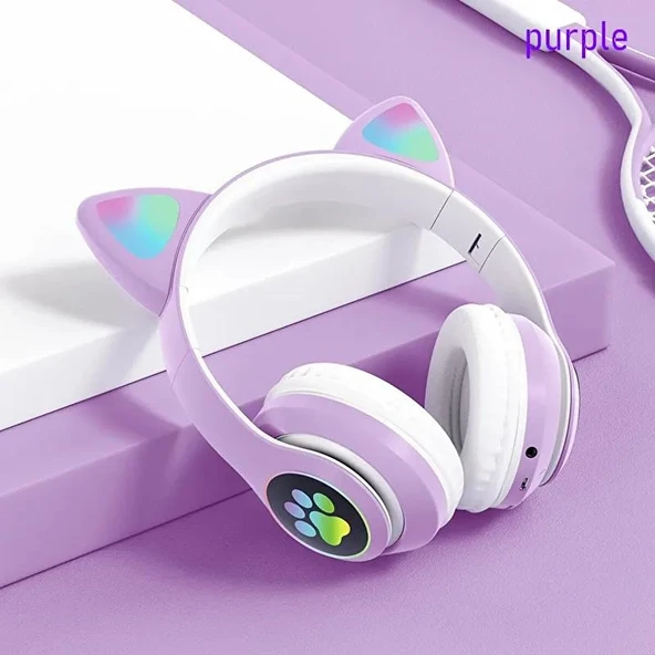Karler STN-28 Mikrofonlu LED Işıklı Kulak Üstü Kedi Bluetooth Kulaklık (Mor) - 1
