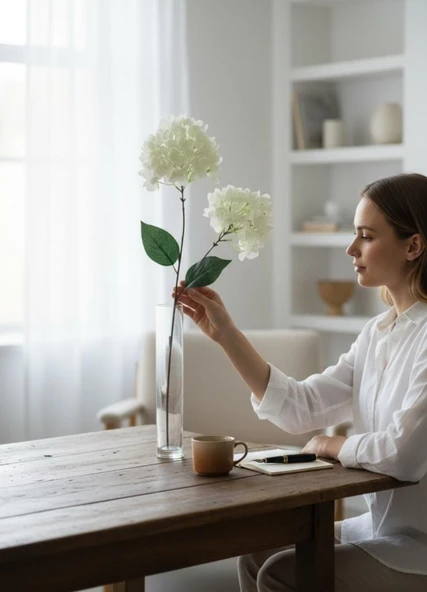 Yapay Çiçek Ortanca 90cm 2Toplu Beyaz Tek Dal Kumaş Çiçek Uzun Dal - Resim 3