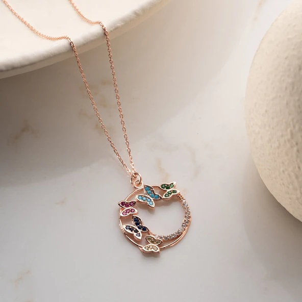 Vaoov 925 Ayar Gümüş Renkli Taşlı Rose Kelebek Kolye - Resim 4