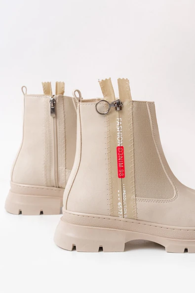 ASM-086 Bej Fashion Aksesuarlı Fermuarlı Günlük Kadın Bot - Resim 4