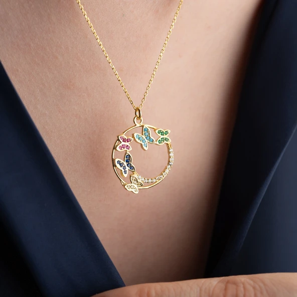 Vaoov 925 Ayar Gümüş Renkli Taşlı Kelebek Kolye - Resim 5