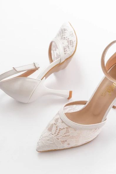 K-404 Beyaz Fileli Çiçek Detaylı  Kadın Topuklu Ayakkabı - Resim 4
