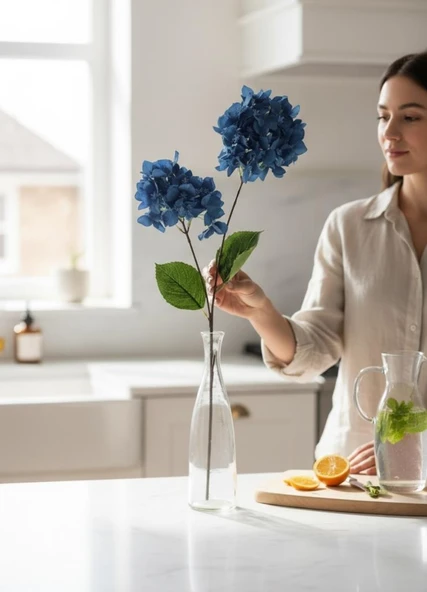 Yapay Çiçek Ortanca 90cm 2Toplu Mavi Koyu Tek Dal Kumaş Çiçek Uzun Dal - Resim 6