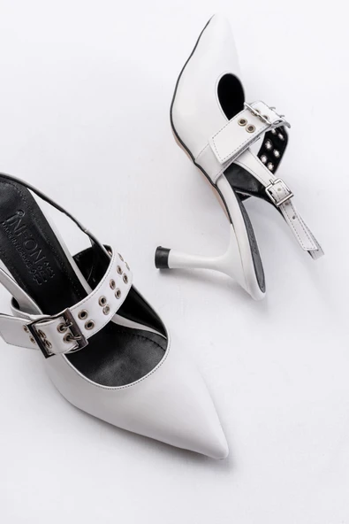 İNF-260 Beyaz Günlük Arkası Açık Baret Tokalı Topuklu Bayan Ayakkabı - Resim 5