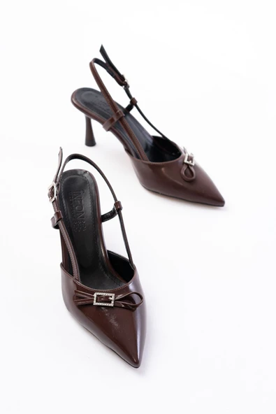 İNF-2300 Kahve Rugan Günlük Arkası Açık Fiyonklu Topuklu Bayan Ayakkabı - Resim 3