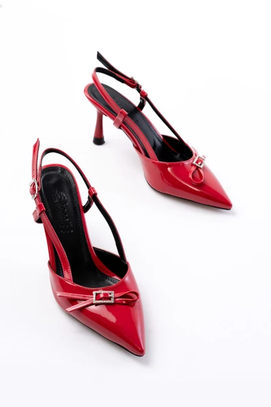 İNF-2300 Kırmızı Rugan Günlük Arkası Açık Fiyonklu Topuklu Bayan Ayakkabı - Resim 3