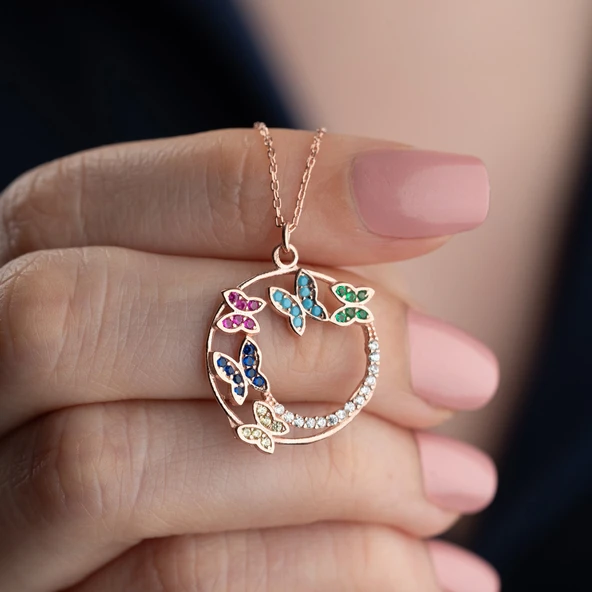 Vaoov 925 Ayar Gümüş Renkli Taşlı Rose Kelebek Kolye - Resim 2