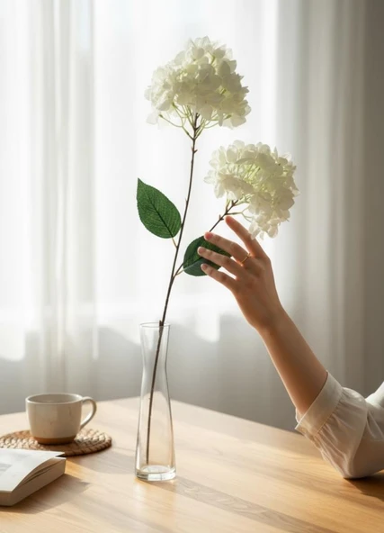 Yapay Çiçek Ortanca 90cm 2Toplu Beyaz Tek Dal Kumaş Çiçek Uzun Dal - Resim 4