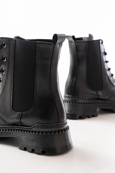 2051-298 Siyah Cilt Düz Topuklu Bağcıklı Lastikli Günlük Kadın Bot - Resim 9