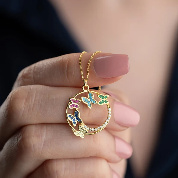 Vaoov 925 Ayar Gümüş Renkli Taşlı Kelebek Kolye ürün görseli
