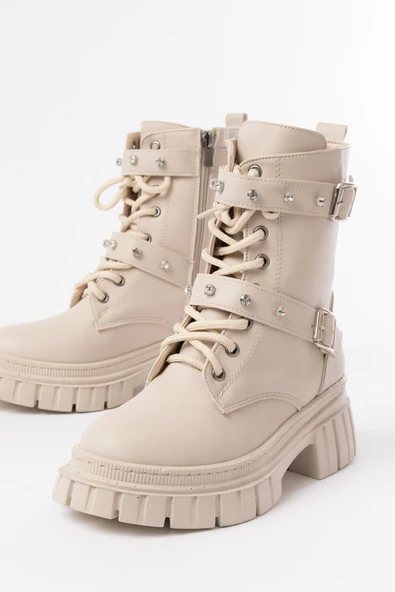 842-03 Bej Bağcıklı Kalın Tabanlı Bağcıklı Fermuarlı Günlük Kadın Bot - Resim 4