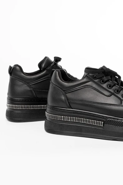 FLN-1999 Siyah Bağcıklı Taban Taş Aksesuarlı Günlük Spor Ayakkabı - 5