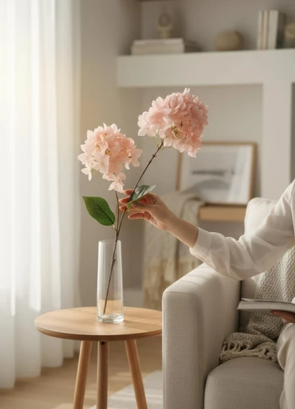 Yapay Çiçek Ortanca 90cm 2Toplu Pembe Tek Dal Kumaş Çiçek Uzun Dal - Resim 6