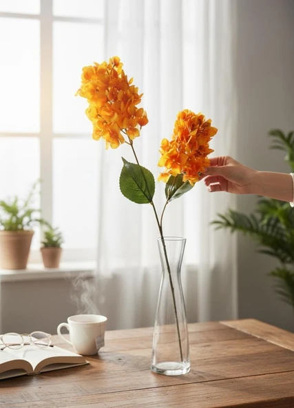 Yapay Çiçek Ortanca 90cm 2Toplu Somon Tek Dal Kumaş Çiçek Uzun Dal - Resim 7