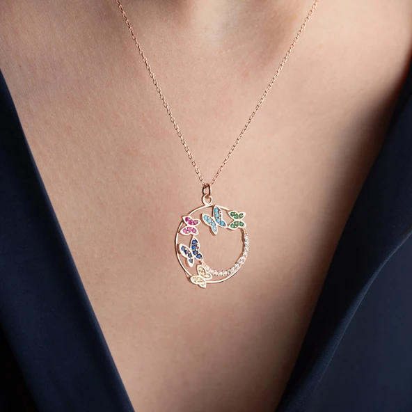 Vaoov 925 Ayar Gümüş Renkli Taşlı Rose Kelebek Kolye - Resim 5