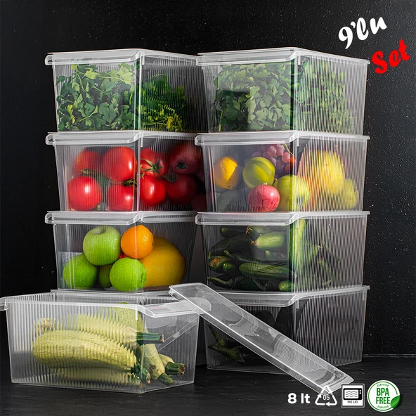 Porsima 3185 9 Adet Kapaklı Dolap İçi ve Buzdolabı İçi Düzenleyici Banyo Mutfak Organizeri 8 Litre