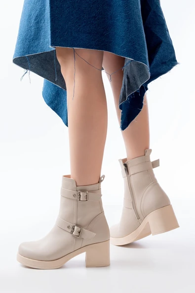5109-3027 Bej Topuklu Fermuarlı Günlük Kadın Bot - Resim 3