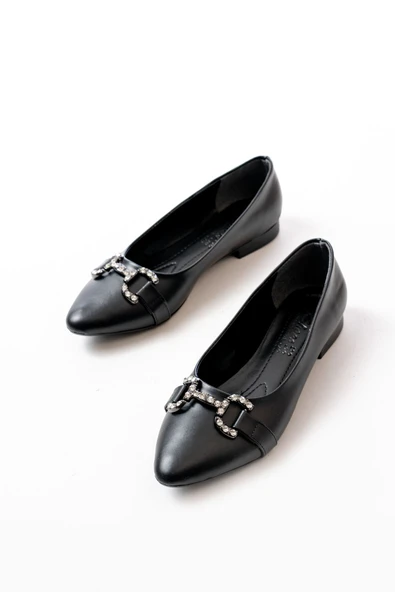 İNF-133 Siyah Taşlı Tokalı Günlük Kadın Babet - Resim 2