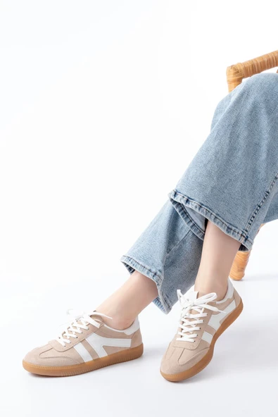 M-1004 Bej Süet Bağcıklı Termo Taban Günlük Kadın Spor - Resim 2