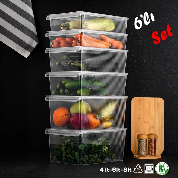 Porsima 6'lı Kapaklı Dolap İçi ve Buzdolabı İçi Düzenleyici Banyo Mutfak Organizeri (2 şer adet 4-6-8 Litre)