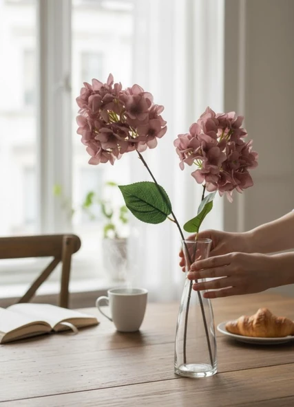 Yapay Çiçek Ortanca 90cm 2Toplu Gülkurusu Koyu Tek Dal Kumaş Çiçek Uzun Dal - Resim 5