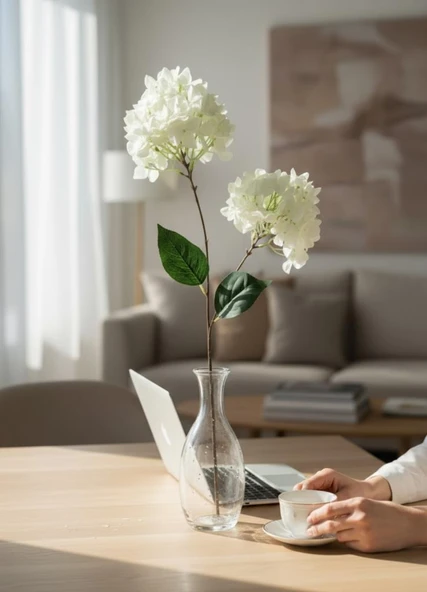 Yapay Çiçek Ortanca 90cm 2Toplu Beyaz Tek Dal Kumaş Çiçek Uzun Dal - Resim 7