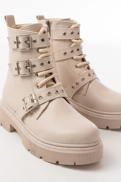 508-3039 Bej Toka Aksesuarlı Fermuarlı  Günlük Kadın Bot - Resim 5