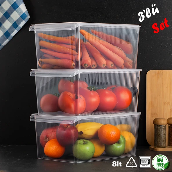 Porsima 3185 3 Adet Kapaklı Dolap İçi ve Buzdolabı İçi Düzenleyici Banyo Mutfak Organizeri 8 Litre