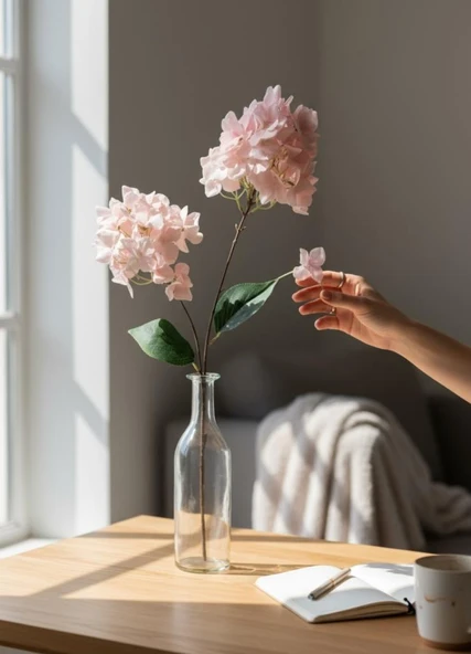 Yapay Çiçek Ortanca 90cm 2Toplu Pembe Tek Dal Kumaş Çiçek Uzun Dal - Resim 8