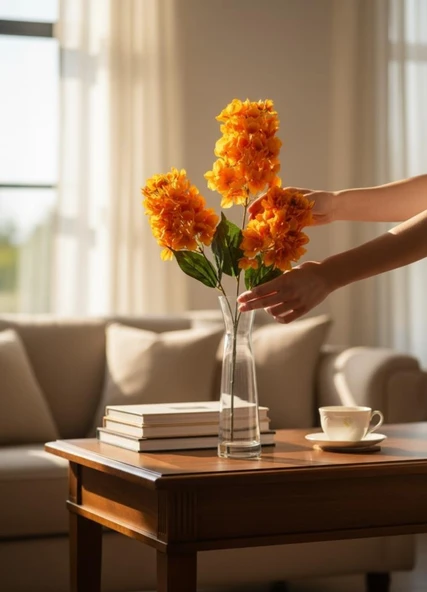 Yapay Çiçek Ortanca 90cm 2Toplu Somon Tek Dal Kumaş Çiçek Uzun Dal - Resim 4