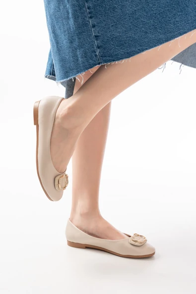 İNF-325 Bej Tokalı Aksesuarlı Günlük Kadın Babet ürün görseli