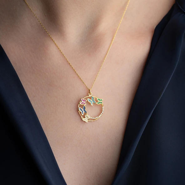 Vaoov 925 Ayar Gümüş Renkli Taşlı Kelebek Kolye - Resim 3