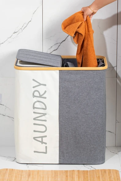 Porsima Mio-103 Bambu 2 Bölmeli Banyo Kirli Çamaşır Sepeti Banyo Düzenleyici Sepet 59X53,5 cm - 2