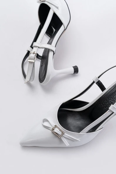 İNF-2300 Beyaz Rugan Günlük Arkası Açık Fiyonklu Topuklu Bayan Ayakkabı - Resim 4