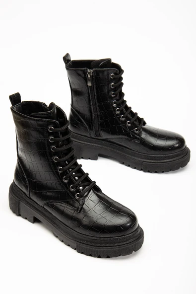 812-356 Siyah Kroko Bağcıklı Fermuarlı Günlük Kadın Bot - Resim 5