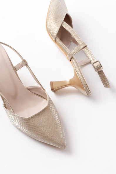 725 Gold Pul Desenli Sivri Burunlu Topuklu Kadın Ayakkabı - 4